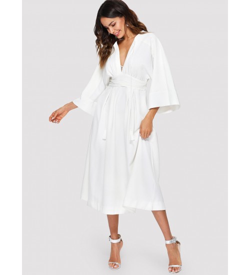 Plunging Kimono Sleeve Tassel Tie Dress