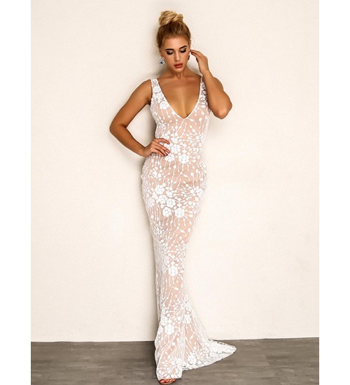 Joyfunear Plunging Neck Embroidered Mesh Overlay Dress
