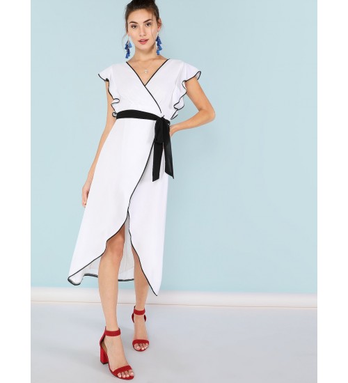 Surplice Wrap Dress with Color Contrast