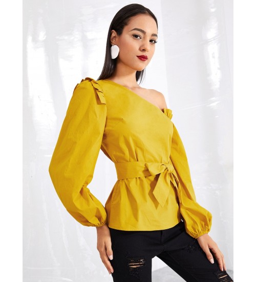 Asymmetric Shoulder Bishop Sleeve Top