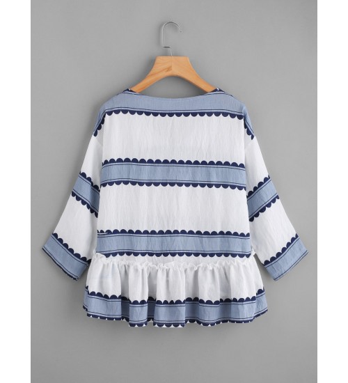 V Neckline Striped Frill Dip Hem Blouse