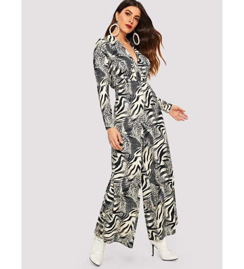 Animal Print V Neck Wide Leg Jumpsuit