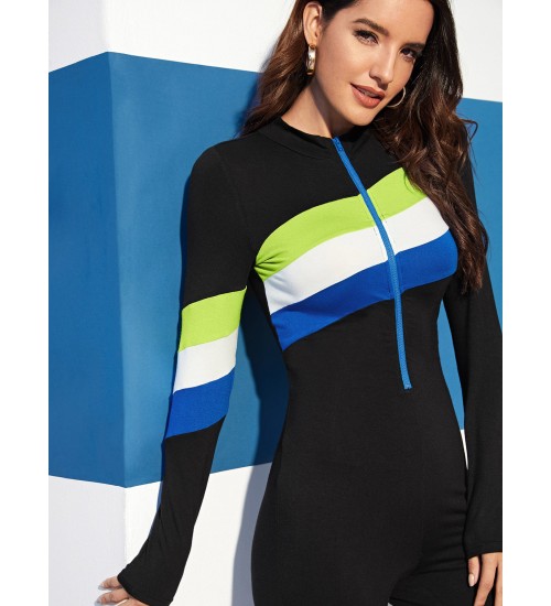 Zip Half Placket Color-block Unitard Jumpsuit