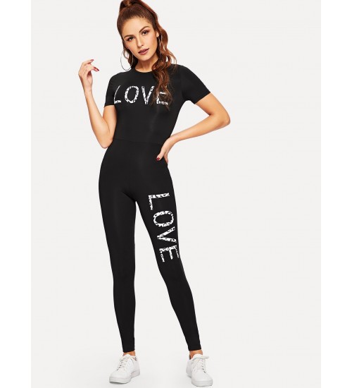 Letter Print Bodycon Jumpsuit